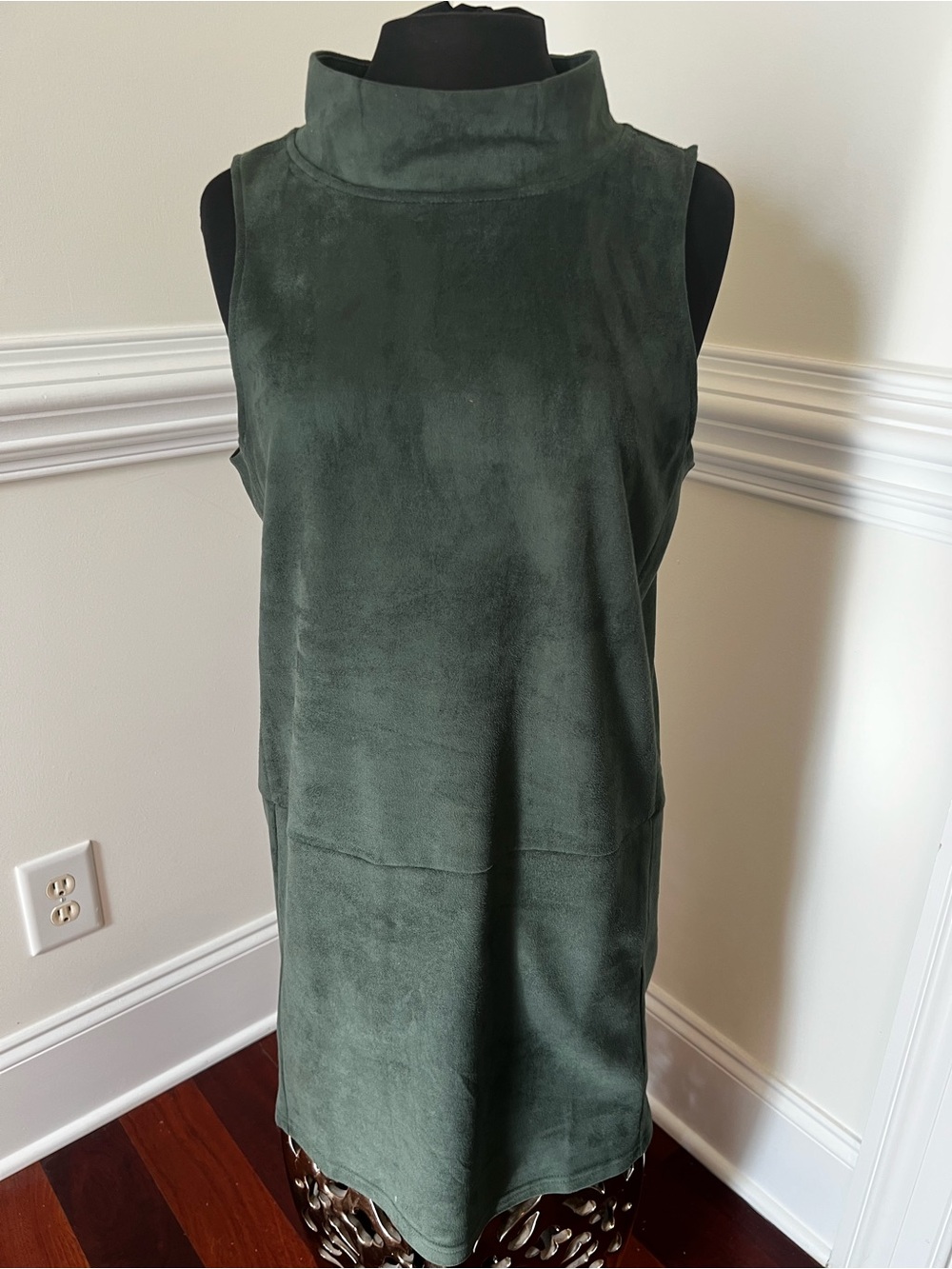 Sleeveless Mock-Neck Shift Dress in Forest Green Faux Seude